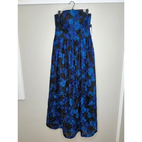 David Meister Women's Strapless Floral Lace Cobalt Blue Black Ballgown Dress‎ 8 - Picture 2 of 10
